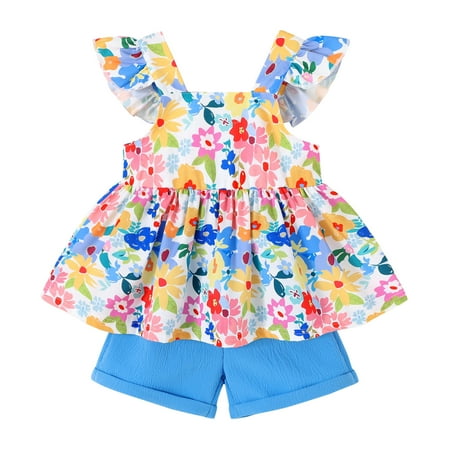 Younger Tree Baby Girl Clothes Outfits Summer Sleeveless Ruffle Bowknot Dress Top Shorts Set 2PCS for 3-4T