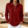 thumbnail image 2 of Golf Polo Shirts for Women Long Sleeve Trendy Button Down Waffle Textured Top Dressy Fashion Solid Color Fall Tops,M,Wine, 2 of 8