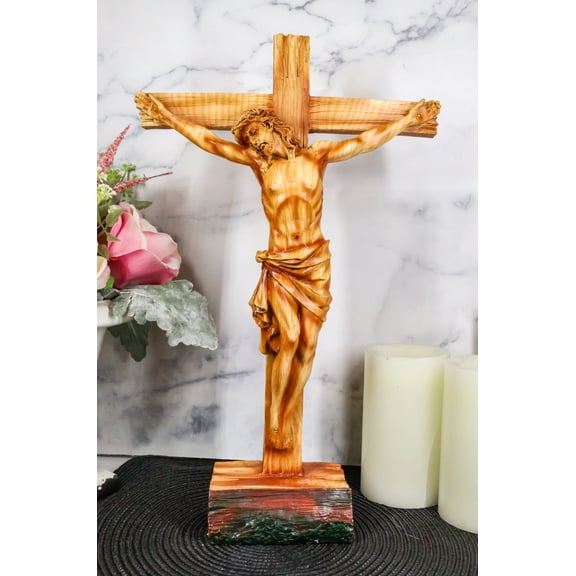 Ebros Large 15"H Jesus Christ with Crown of Thorns On The Cross Desktop Plaque