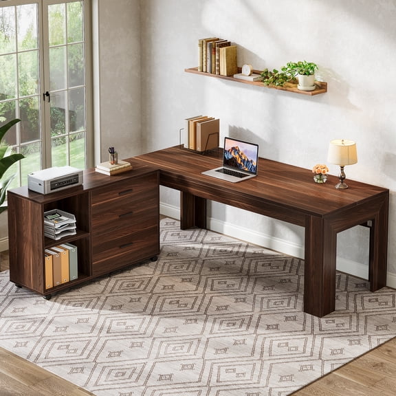 63-Inch L-Shaped Executive Desk with Storage, Large Home Office Computer Desk with Mobile File Cabinet, Workstation with Drawers and Shelves, Walnut