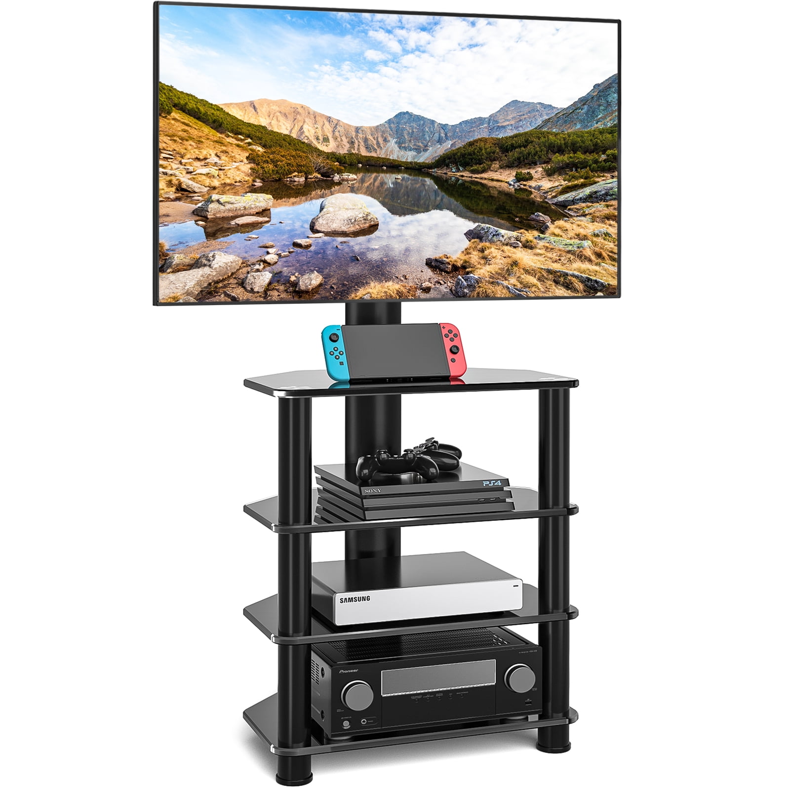 RTVR 4-Tier Corner Flat TV Stand with Swivel Mount for TVs up to 70", Black