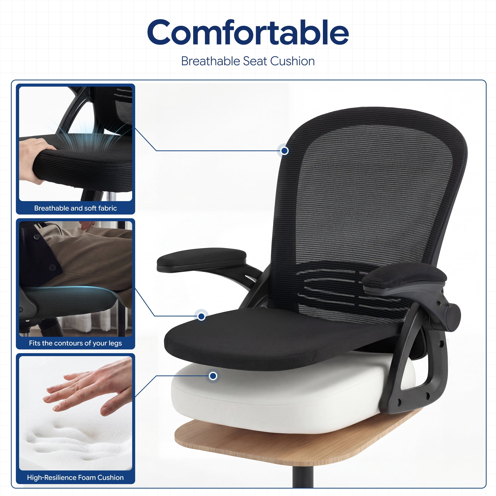 Ultifit Ergonomic Mesh Office Chair, Computer Desk Chair, Flip-Up Arms, Reclining, Rocking, Height Adjustment, Swivel, Black, 300 lbs