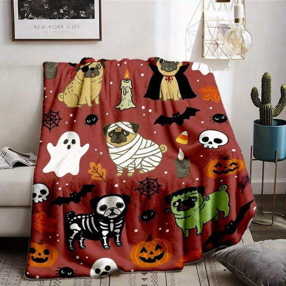Halloween Pug Dog Character Print Flannel Throw Blanket, Choose From 30 x 40, 40 x 50, 50 x 60, 60 x 80 Inches, Soft Cozy Blanket for Sofa