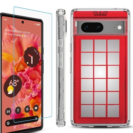 OneToughShield ® Compatible with Google Pixel 8 Shockproof Phone Case with Tempered Glass Screen Protector - Phone Booth Red