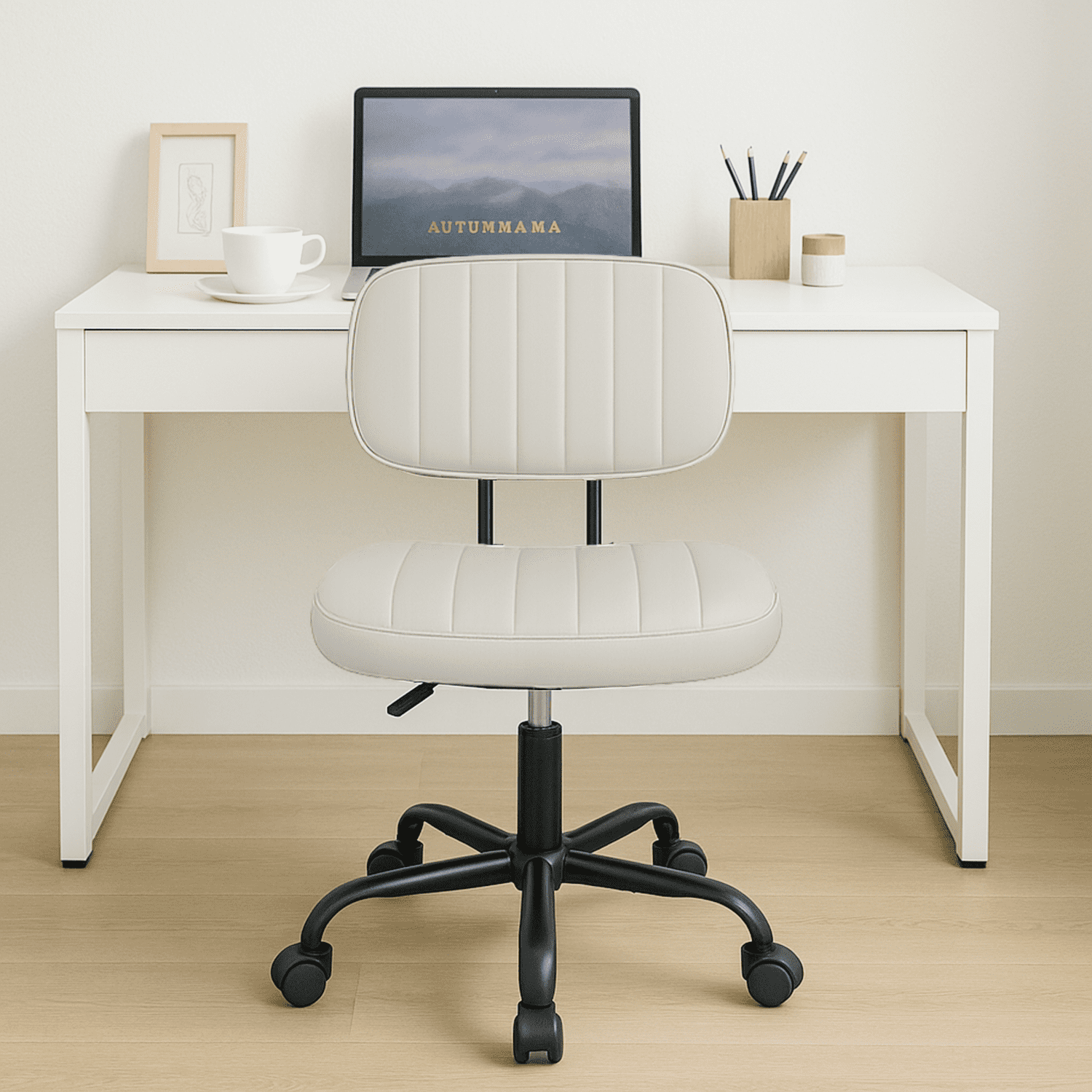 LIFERECORD PU Leather Armless Home Office Desk Chair, Small Ergonomic Task Chair for Adults and Students, Low Back Seating with Swivel, Adjustable Height, Rolling Wheels, White