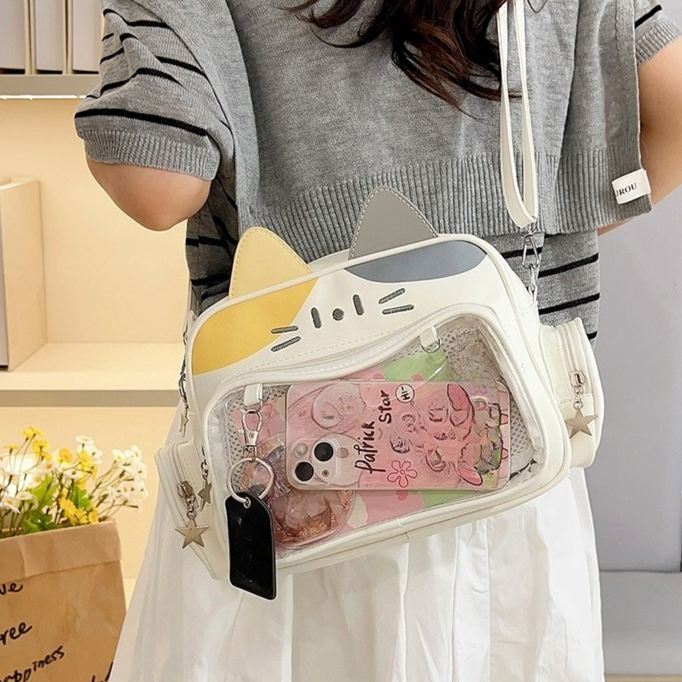 Cat Ita Bag with Clear Window - Kawaii Cat Backpack Purse, PU Leather Pin Display Bag, Adjustable Crossbody Bag for Cosplay, Christmas Halloween Gift