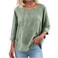 thumbnail image 7 of Loose Fit Women's Linen-Cotton Tops Round Neck 3/4 Sleeve Side Pocket Blouses Lightweight Breathable Spring Summer Casual Daily Wear, 7 of 7