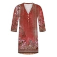 thumbnail image 4 of YDKZYMD Dresses for Older Women Summer Floral Casual Mini Sundress Button Up V Neck Bell Swing Dress Loose 3/4 Sleeve Flowy T-Shirt Dress Wine S, 4 of 5