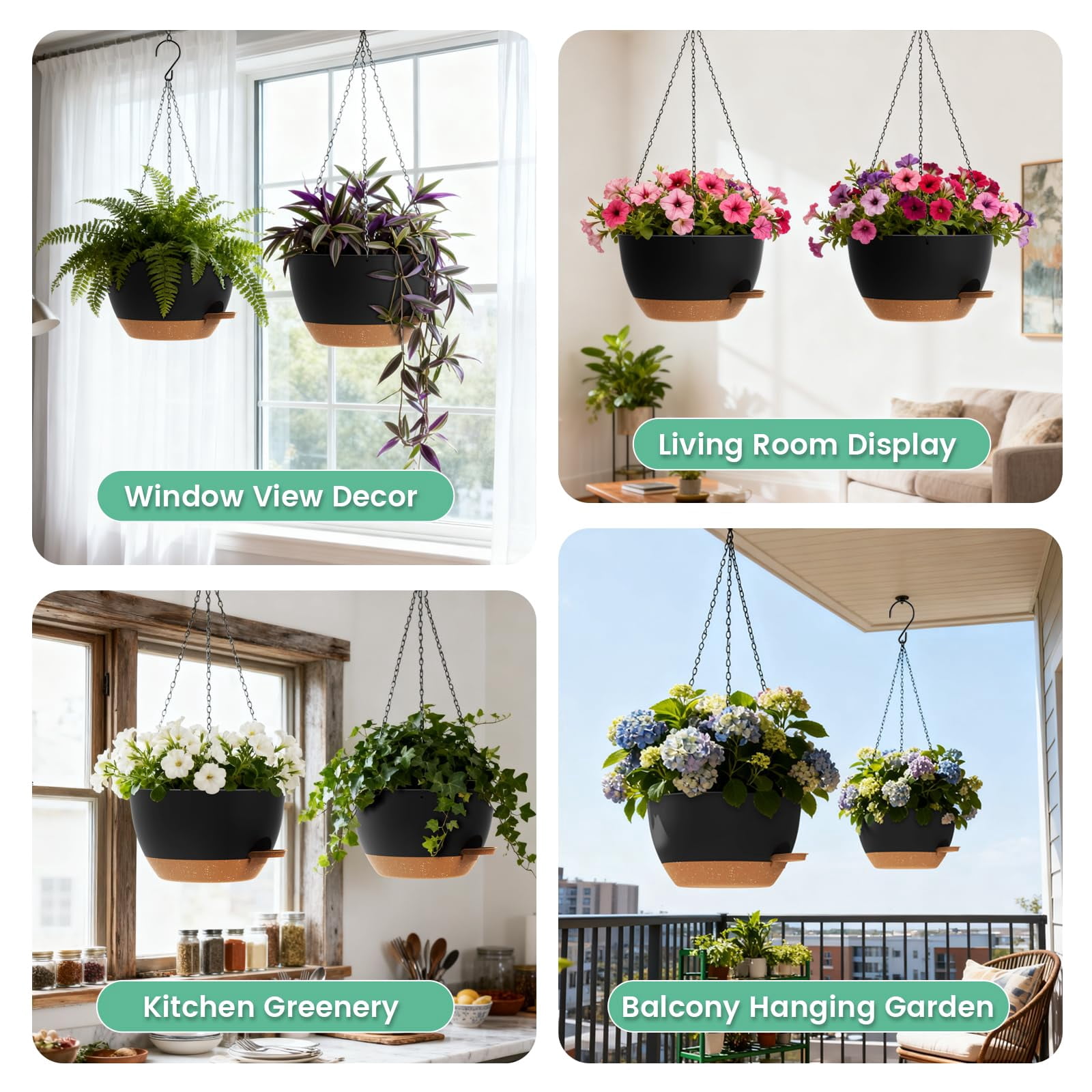 13 Inch 2 Pack Large Self Watering Hanging Planters For Indoor Outdoor Plants  Plant Pots With Removable 50 Oz Reservoir Plastic Basket Window Porch Garden Black Brown
