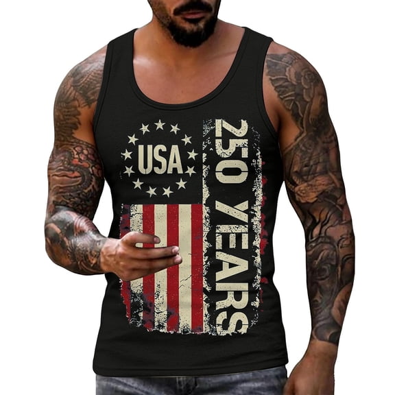Mens 250 Years Anniversary Sleeveless Shirts 4th of July Tanks American Flag Vest Summer Patriotic Cut Off Tees Black XXL