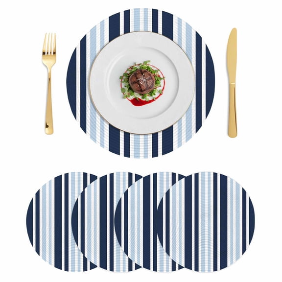 Navy Blue Round 15 Inch Placemats Set of 4, Modern White Geometric Vertical Stripes HeatResistant Non Slip Place Mats for Dining Table, Wipeable Braided Kitchen Table Mats for Housewarming