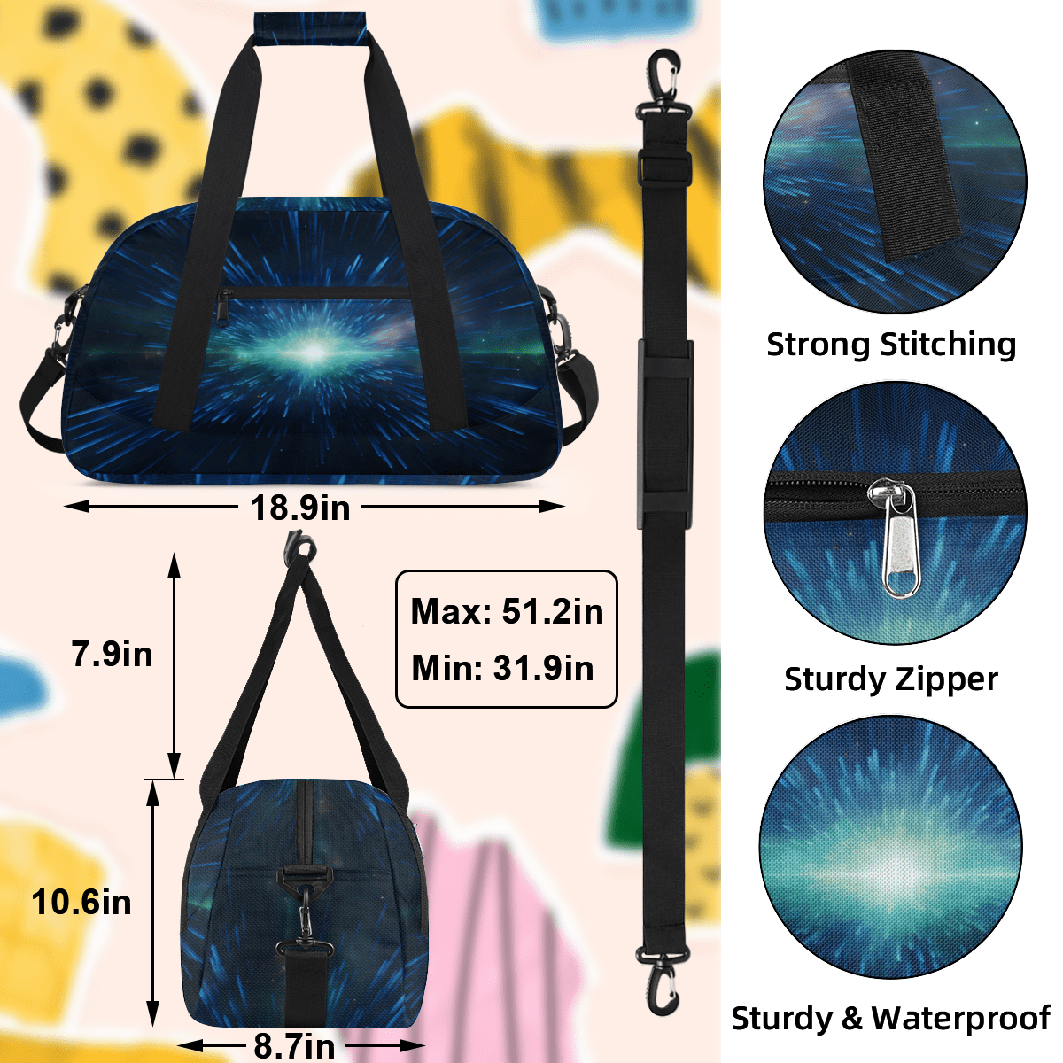 Herdesigns Space Sports Duffle Bag for Women & Men, Galaxy Gym Bag Dance Bag Overnight Bag Carry On Weekender Travel Bag