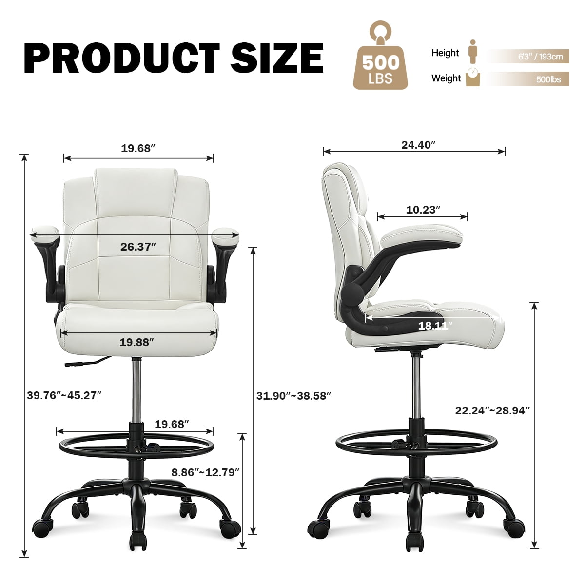 JONPONY 500 lbs Tall Office Chair with Flip-up Armrests for Standing Desk Executive Ergonomic Computer Leather Desk Chair with Lumbar Support, Adjustable Foot Ring for Home,WHITE