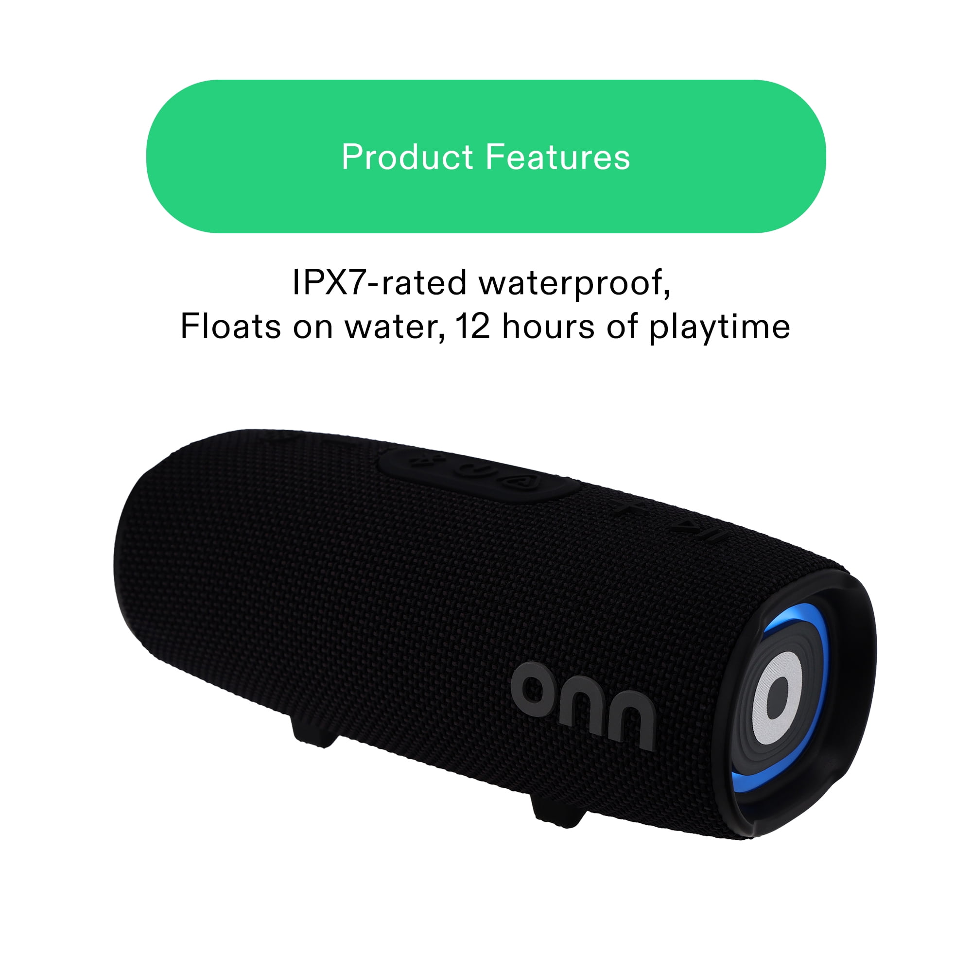 onn Medium Rugged Speaker with LED Lighting, Black