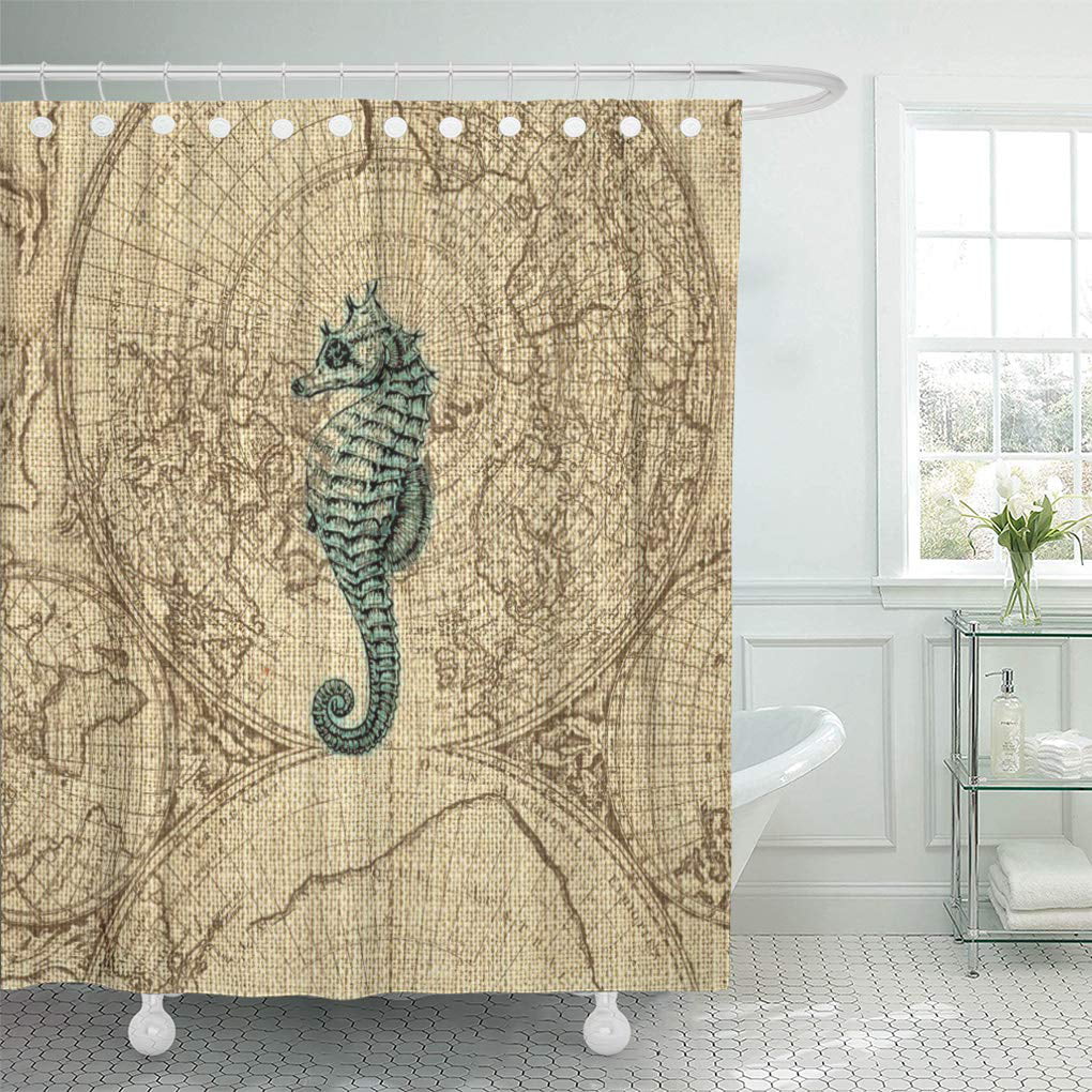 Shower Curtain Design Seahorses Nautical Decor Red Green 70 Inches Long 
