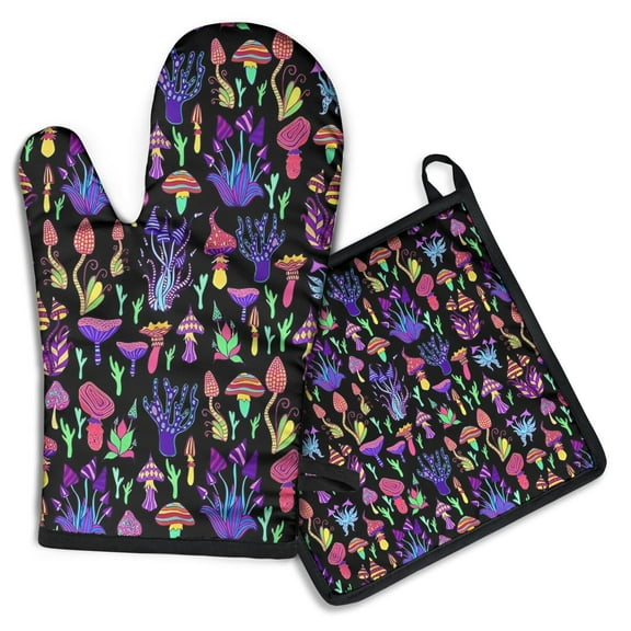 Purple Mushroom Black Pattern Kitchen Oven Mitt and Pot Holder Sets 2 Pcs for Baking, Cooking and Grilling, Heat Resistant Up To 392 °F
