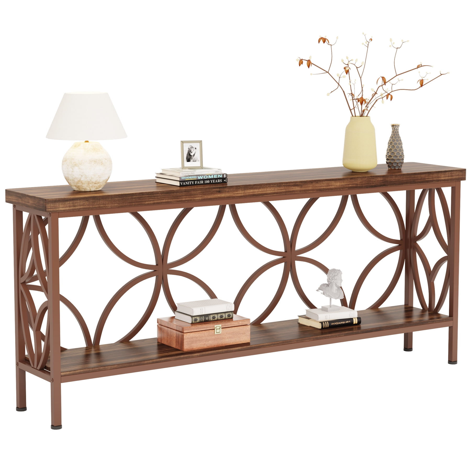 Fnova 70.9" Industrial Console Table, 2-Tier Wood Storage Narrow Sofa Table, Behind Couch with Metal Frame, for Living Room, Entryway, Foyer, Easy Assembly