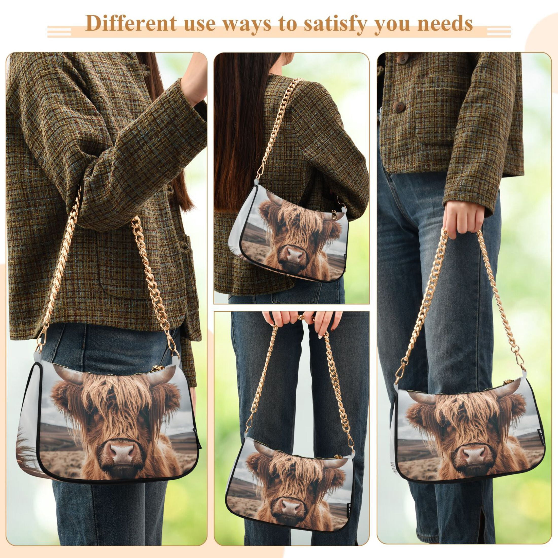Ryvnso A Highland Cow Womens Chain Shoulder Bag Tote Handbags Clutch Hobo Purse with Zipper for Travel