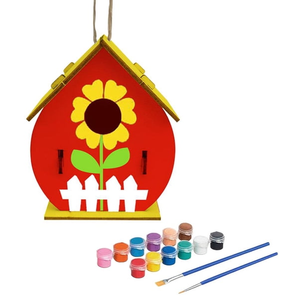 Kit de pintura para casa de pájaros DIY: construcción de casa de pájaros, pinturas, pinceles, manualidades de madera D
