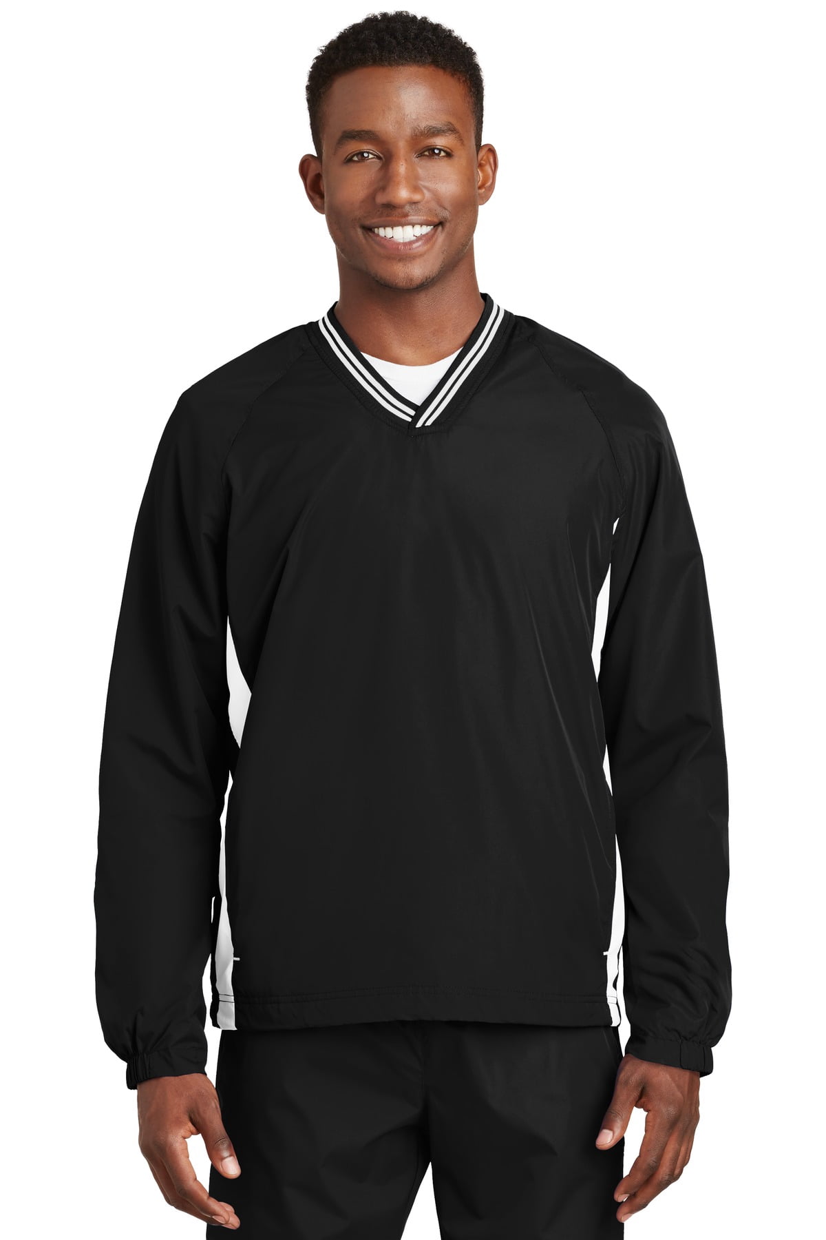 Sport Tek JST62 Tipped V-Neck Raglan Wind Shirt - Black/White - 3XL