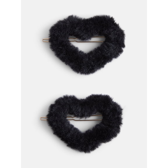 No Boundaries Women’s Faux Fur Heart Hair Clips, Black, 2 Pack, One Size