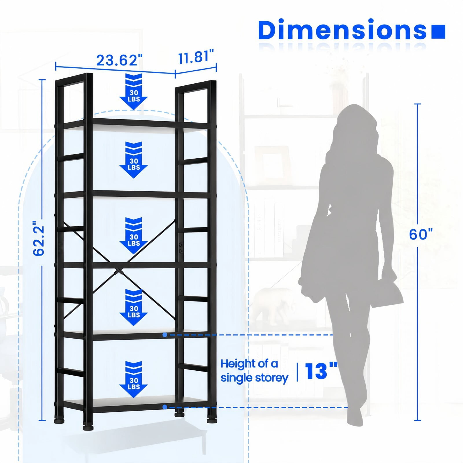 Kelno 62"x 24" Freestanding Bookshelf 5 Tier Bookcase Open Display Storage Shelf with Metal Frame, Black