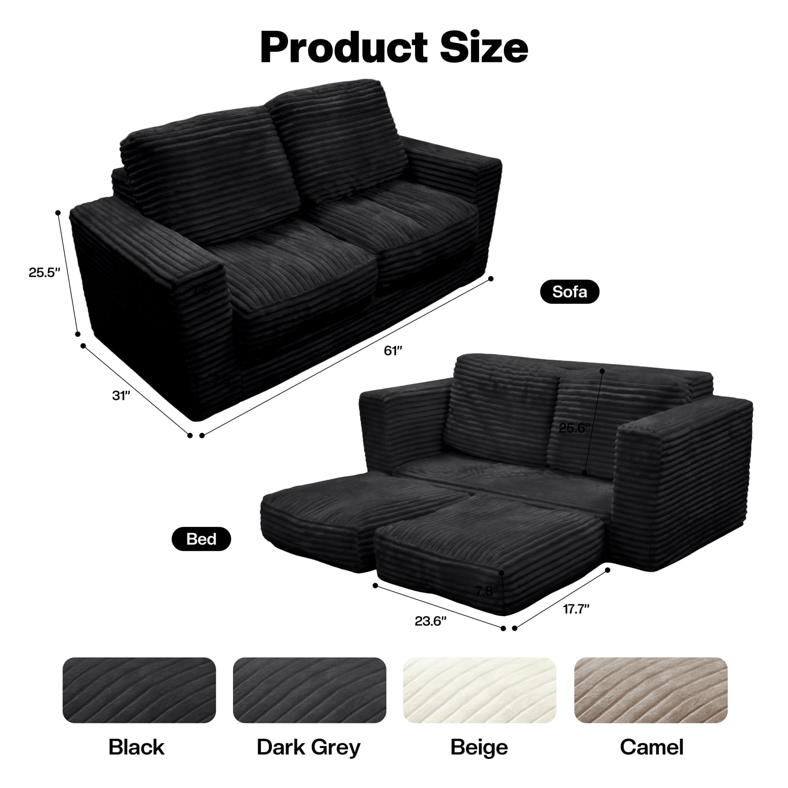 Kelyda 61''Boneless Loveseat Sofa, Modern Cloud Convertible Sofa Bed Couch Sleeper Chairs for Living Room Black