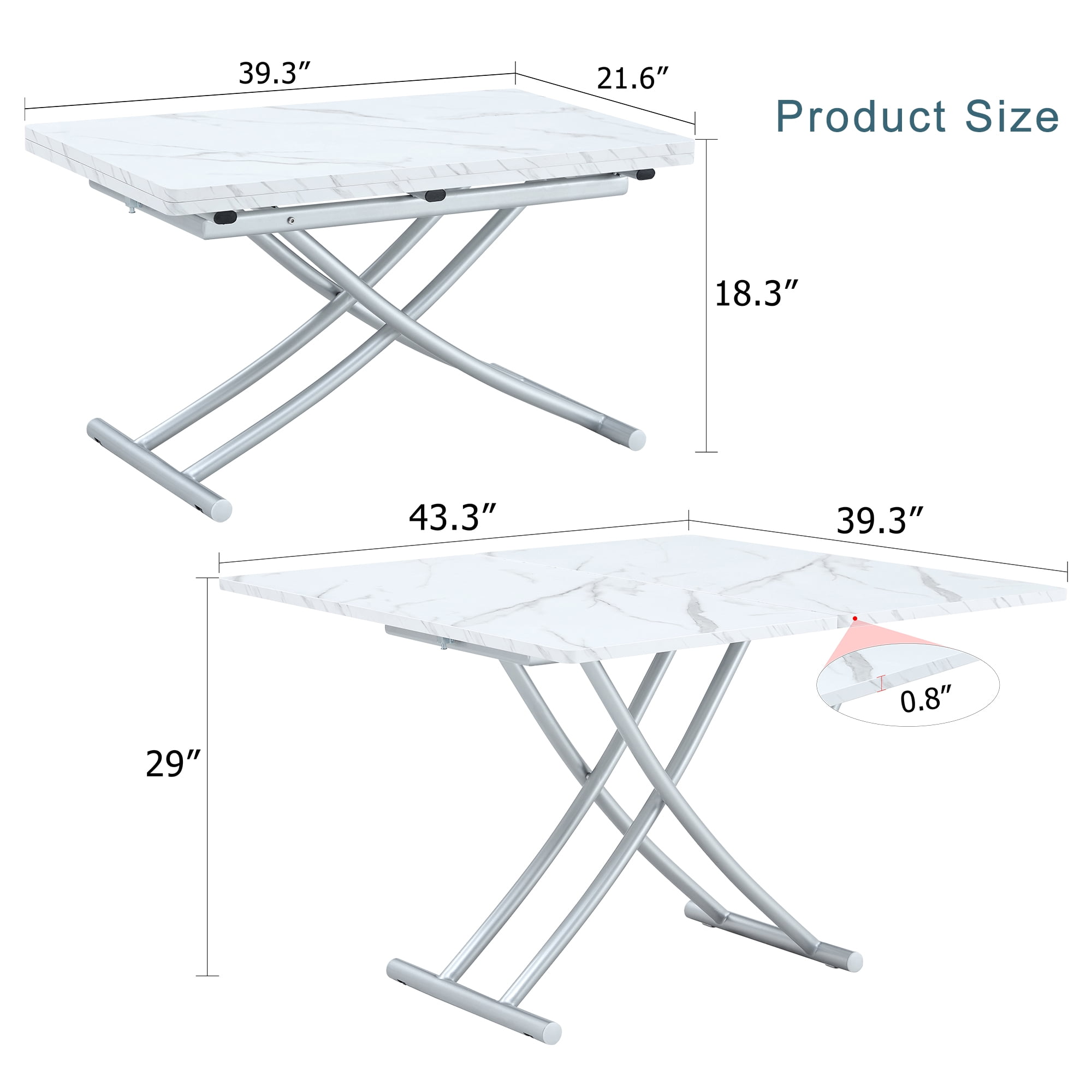 Multifunctional Lift Table With 0.8 Inch Thick Mdf Desktop And Silver Metal Legs, Can Be Used As A Dressing Table, Coffee Table, Dining Table, And Office Table.W1151126194