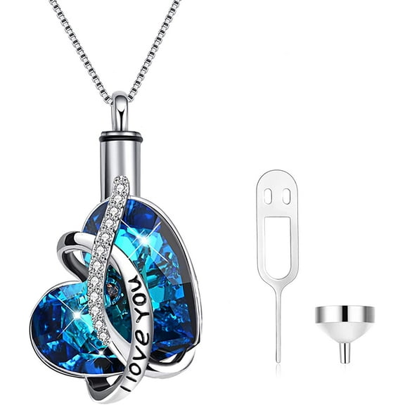 AOBOCO Heart Cremation Jewelry 925 Sterling Silver with Blue Crystal Urn Necklace for Ashes Keepsake Memorial Jewelry Cremation Jewelry for Ashes