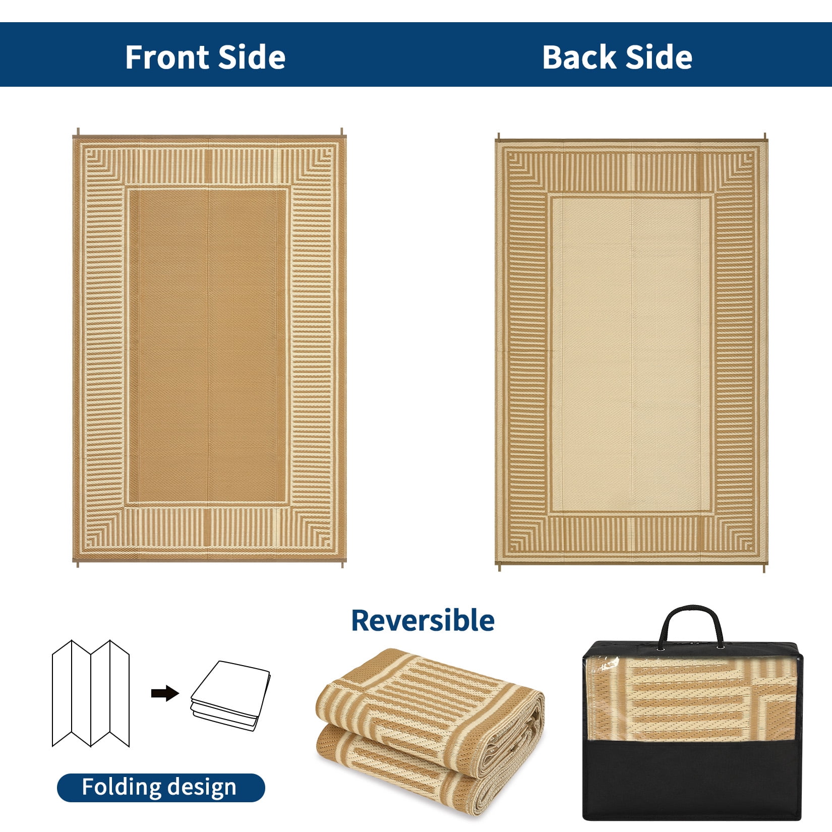 Garvee 8'x10' Outdoor Rug Waterproof Plastic Straw Rug, Modern Bordered Outdoor Carpet UV-Resistant Reversible Mat for Patio RV Deck Beach Porch, Coffee