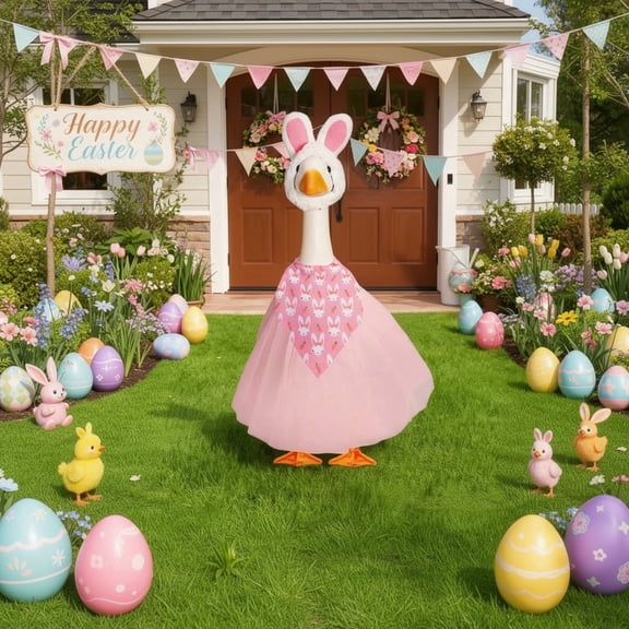 Sruoe Easter Bunny Porch Goose Outfits, Spring Goose Outfit, Lawn Porch Goose Clothes, Plastic Goose Costume for 23" Cement Goose Easter Party Outdoor Patio Yard Lawn Art Decoration