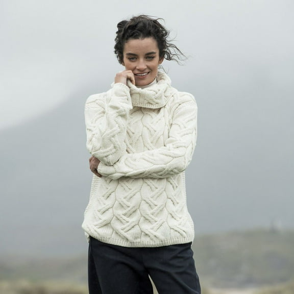 Super Soft Chunky Cable Cowl Neck Natural Sweater For Women Size X-Large Made By Aran Woollen Mills