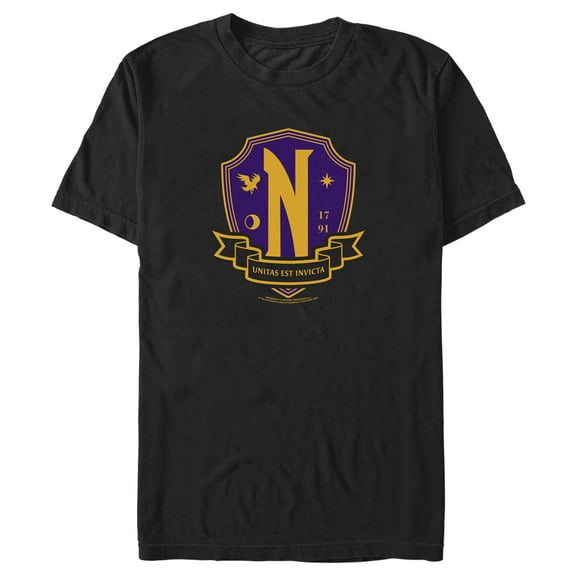 Men's Wednesday Nevermore Academy Crest Graphic Tee Black Medium