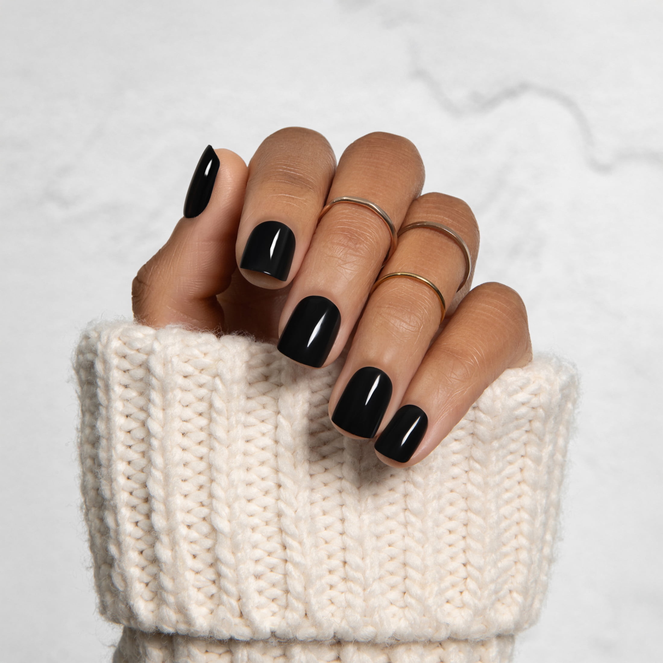 Kiss Impress Color Short Square Oval Press-On Nails with Glue, Black Solid, 30 Pieces