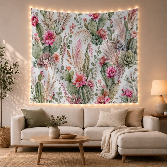 Cactus and Succulents Across an Ivory Background, Romantic Watercolor for Plant Lovers, Desert Wall Art, Housewarming Gift, Tapestry Wall Hanging for Bedroom and Living Room