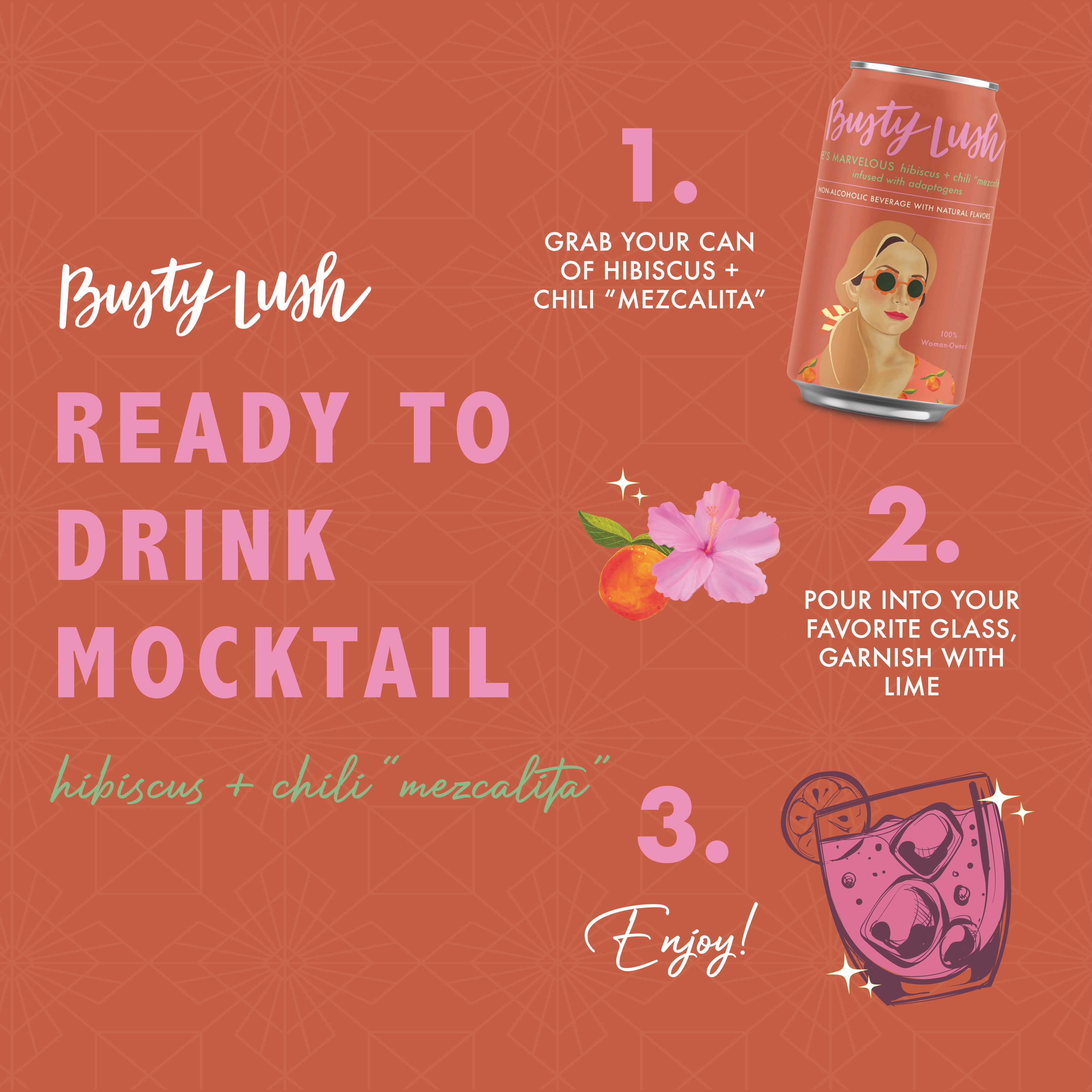 Busty Lush She's Marvelous Non-Alcoholic Mezcalita, Craft Mocktails feat. Alcohol Free Smoky Mezcal, Hibiscus, Fresh Citrus, Spicy Chile and Agave, Infused with L-Theanine, 8 Pack