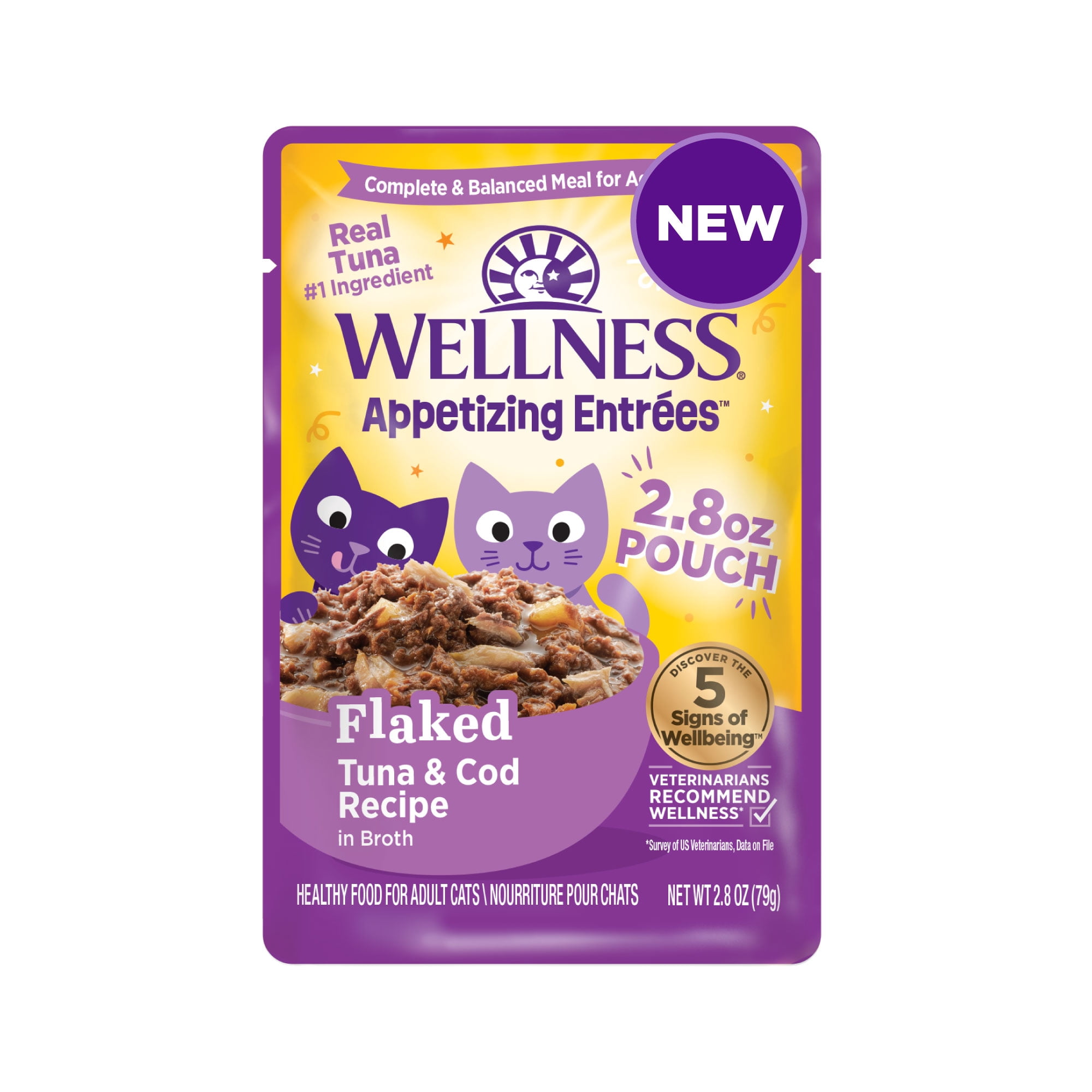 Wellness Appetizing Entrées Flaked Adult Wet Cat Food, Natural, Protein-Rich, Grain Free, 2.8 Ounce Pouch, 8 Pack (Tuna & Cod Recipe)