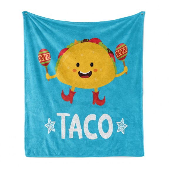 Mexican Soft Flannel Fleece Throw Blanket, Dancing Funny Taco Smiling Face and Maracas Childish Cartoon, Cozy Plush for Indoor and Outdoor Use, 50" x 70", Earth Yellow Blue, by Ambesonne