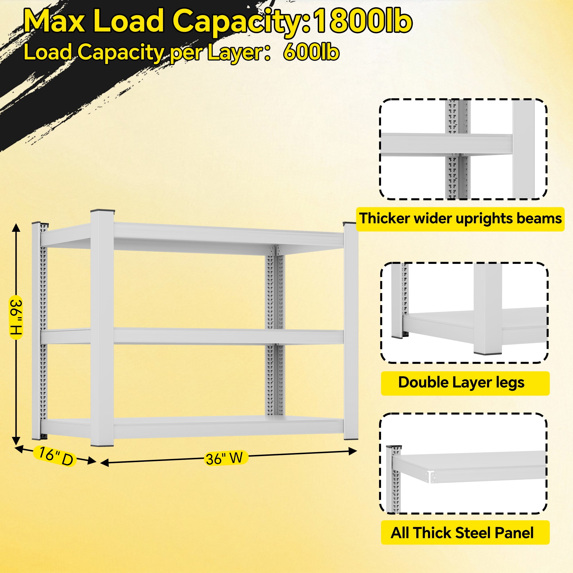 3-Tier Heavy-Duty Shelving,Adjustable Metal Garage Storage Shelves,36" x36"x16" (White)