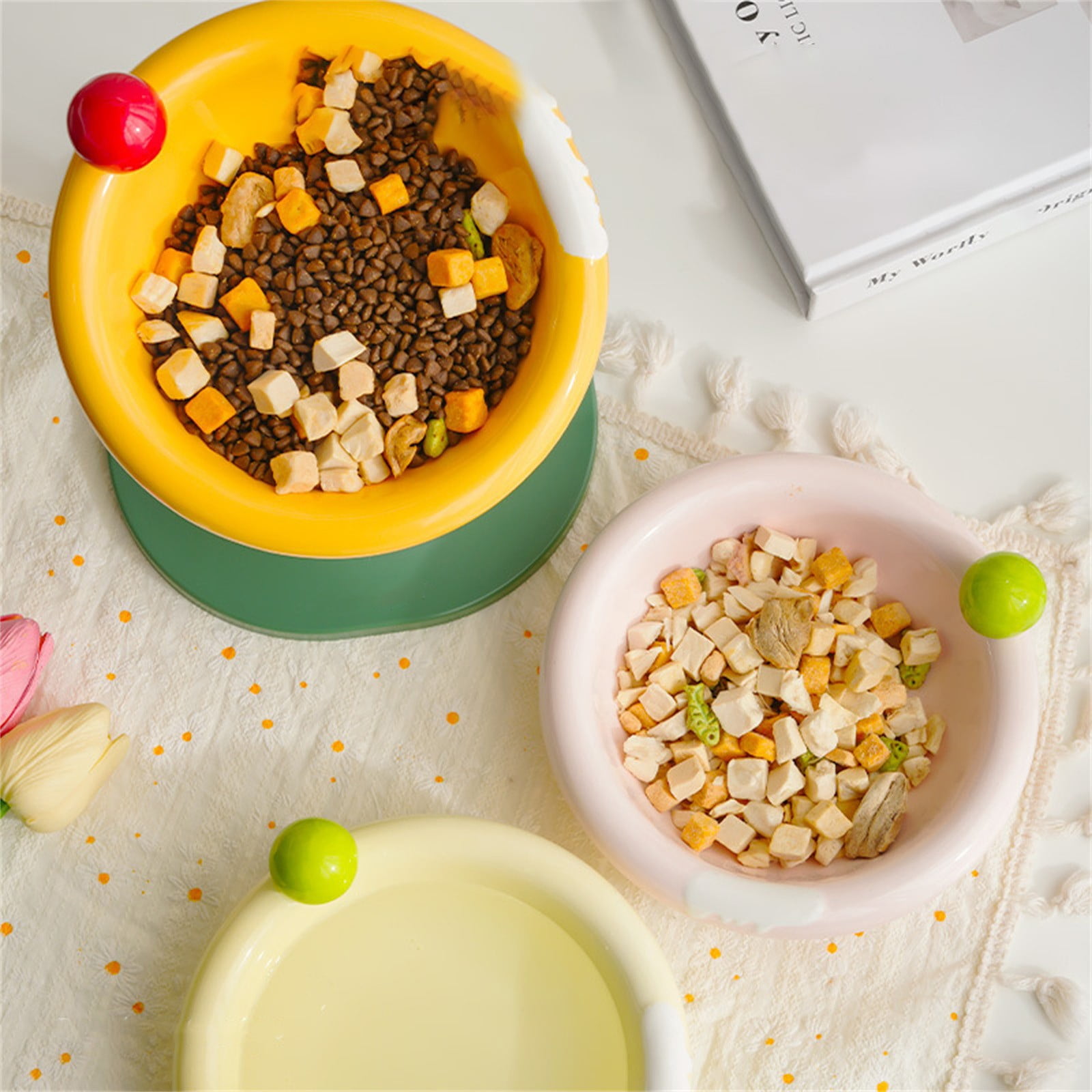 Adjustable Elevated Cat Bowls - Ceramic Raised Cat Food & Water Dishes with Tilted Design, Whisker-Friendly & Anti-Vomit Feeding Bowls for Cats & Kittens