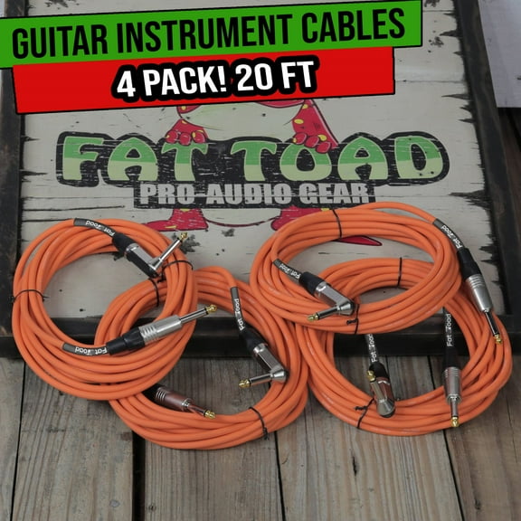 Guitar Cords Right Angle 20FT ¼ Gold Jack 4 Cables Fat Toad Instrument AMP Wire