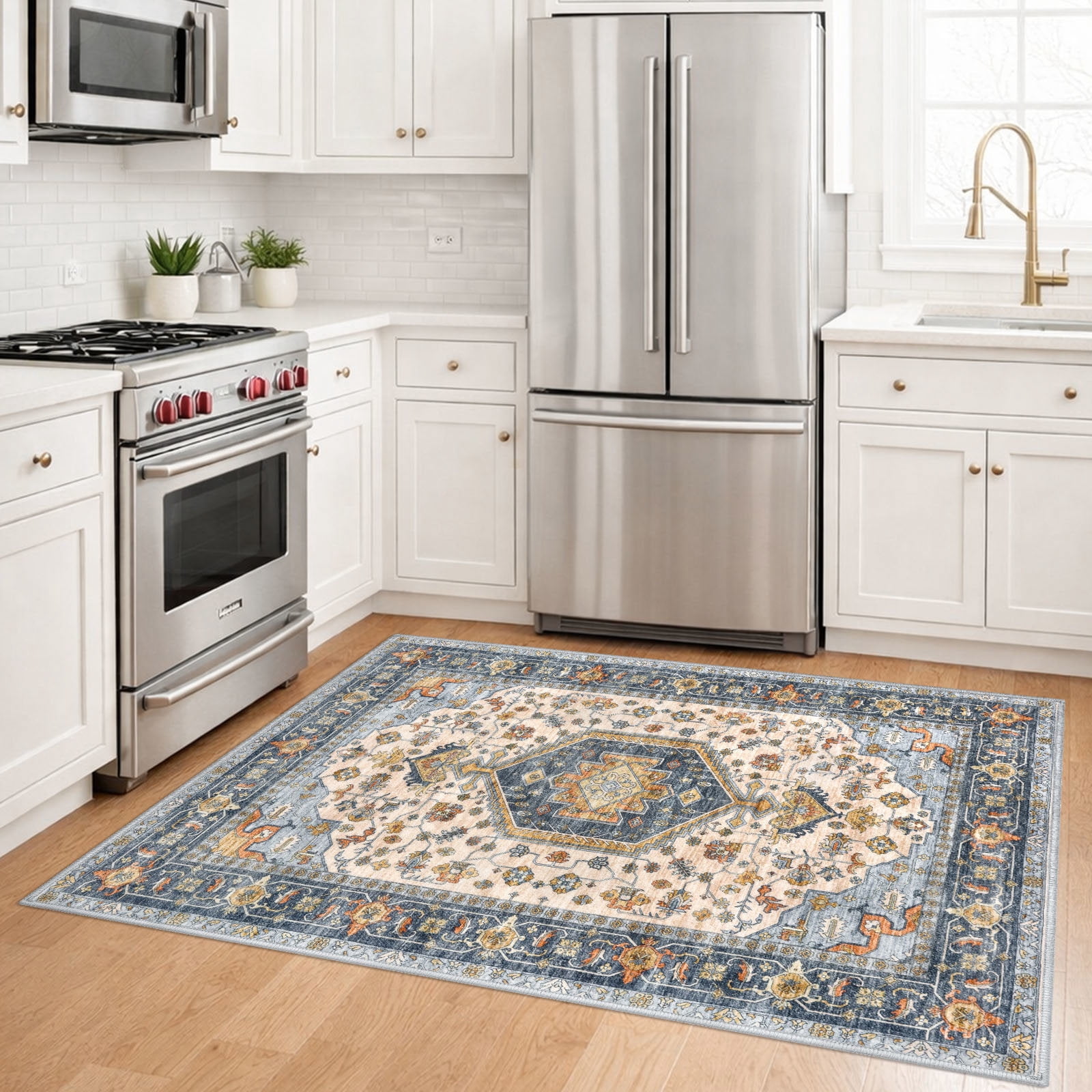 GLATTICE Washable Rugs 3x5 Ivory Blue Area Rugs Vintage Floral Rug for Living Room Non-Slip Kitchen Rugs Soft Printed Distressed Entry Rug Low-Pile Throw Rug Carpet for Entryway Bedroom
