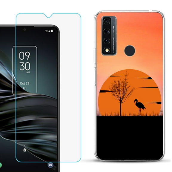 Slim-Fit Fashion Phone Case for TCL 20 XE, with Tempered Glass Screen Protector, by OneToughShield ® - Sunset Flamingo