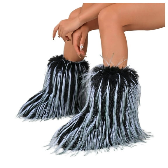 Fuzzy Snow Boots for Women 2025 fashion Winter Furry Mid Calf Flat Heel Fluffy Plush Warm Short Booties