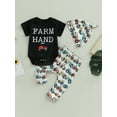 thumbnail image 2 of Suealasg Baby Girl 3 Piece Western Outfits Letter Print Short Sleeve Romper + Tractor Chicken Pants + Knot Hat Set Newborn Casual Country Clothes Set, 2 of 9