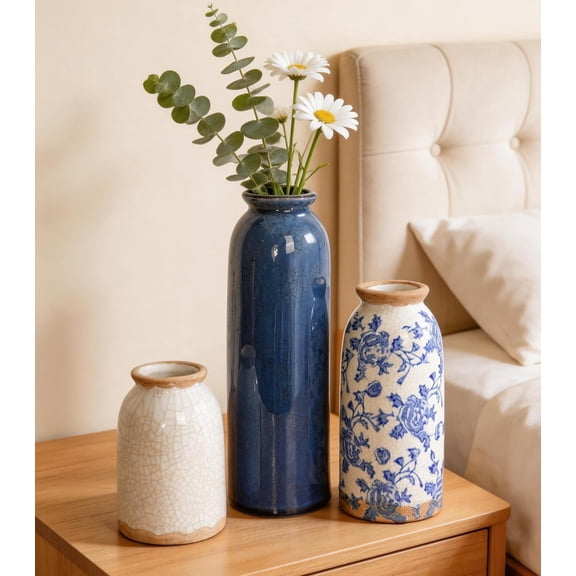 Ceramic Vases for Home Decor, Set of 3 White Ceramic Vases for Vintage Home Decor, Dried Flower Vases for Rustic Farmhouse Retro Floral Vases