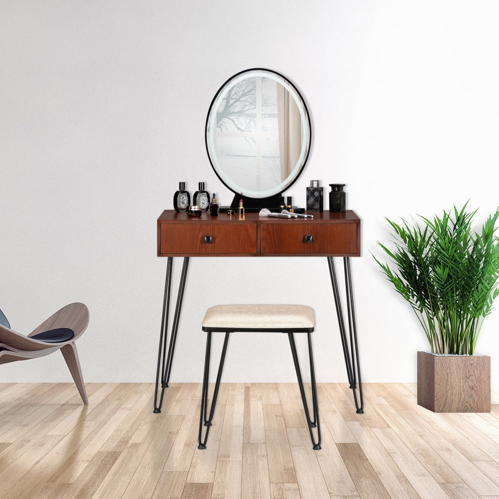 Kepooman Bedroom Iron Dressing Table, Simple Dressing Table with Iron Foot and Three-Color Adjustable Light, White Kepooman Bedroom Iron Dressing Table, Simple Dressing Table with Iron Foot and Three-Color Adjustable Light, White