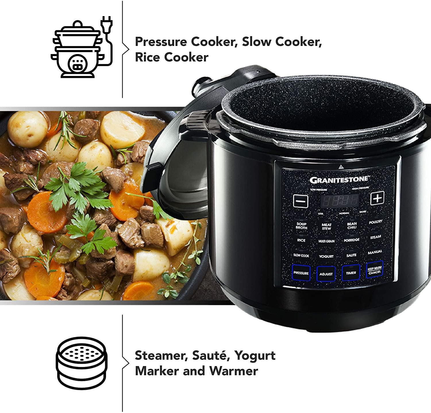 GraniteStone Diamond 12-in-1 Multicooker with LED Display, Electric Pressure Cooker, Slow Cooker, Rice Cooker, Steamer, Saute, Yogurt Maker and Warmer, 6 Quart, 12 Pre-Set Functions