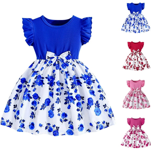 Pounoo New Kids Dresses Girls Glitzy Print Sleeveless Flower Girl Dresses Round Neck Knee Length Dress Bowknot Soft Comfort Girls Dresses 7-8