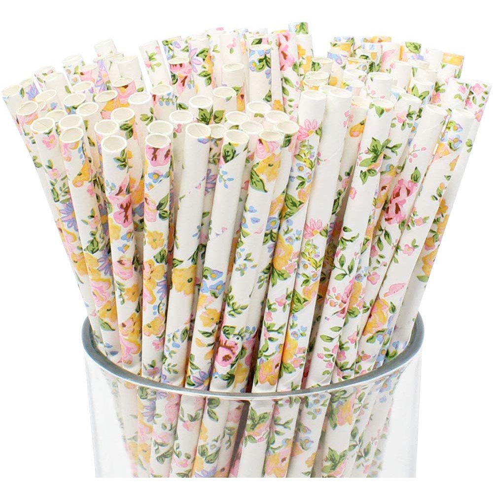  Decorative Paper Straws 100pcs Vintage Floral Pattern Decorative Paper Straws for Birthday